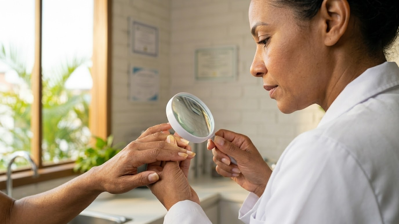 Médica dermatologista examinando unhas amareladas em consultório moderno.