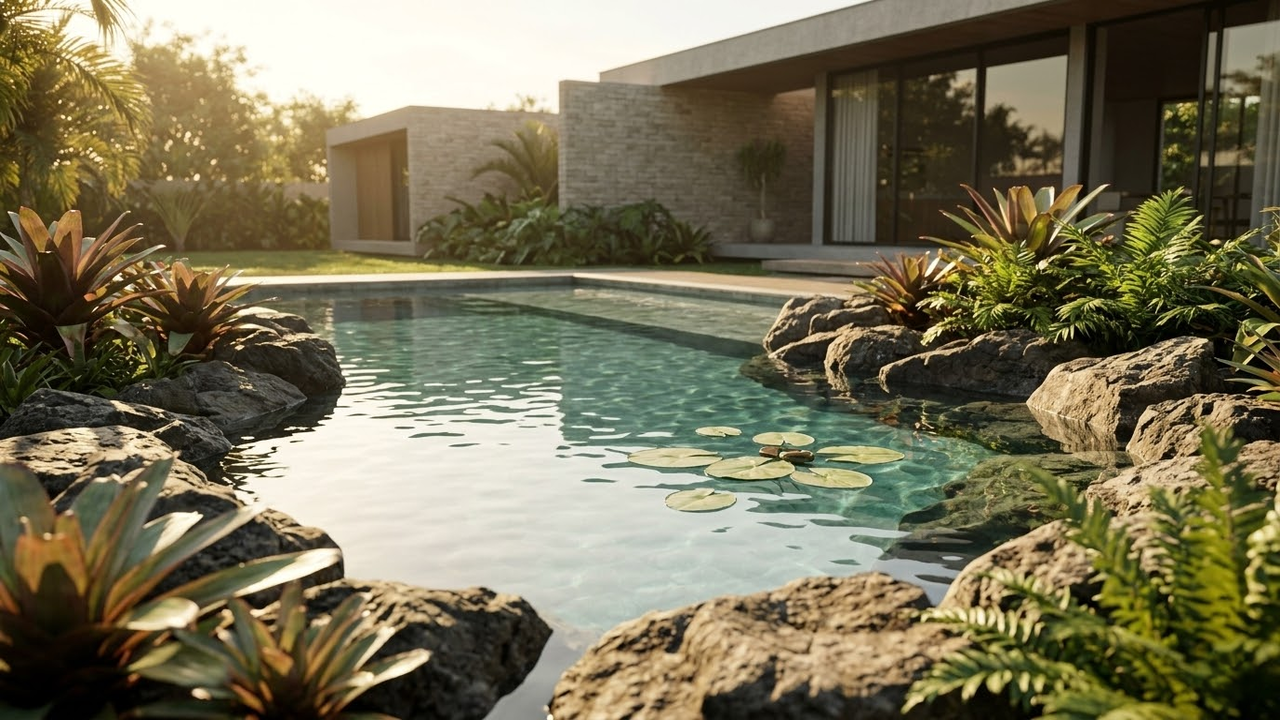 Biopiscina cristalina integrada a jardim tropical sob a luz dourada.