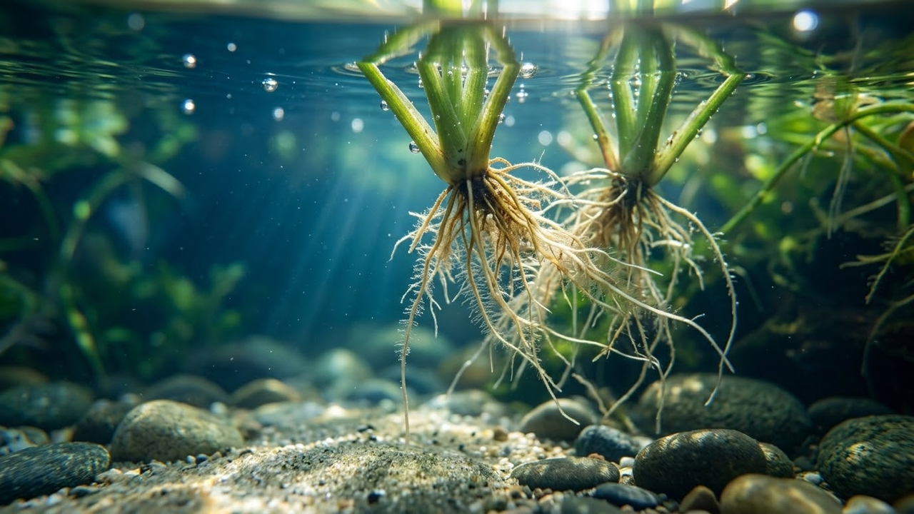 Close macro de raízes e bolhas de oxigênio em água cristalina.