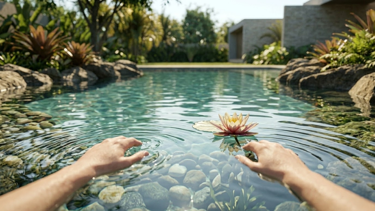 Visão em primeira pessoa entrando na água transparente da biopiscina.
