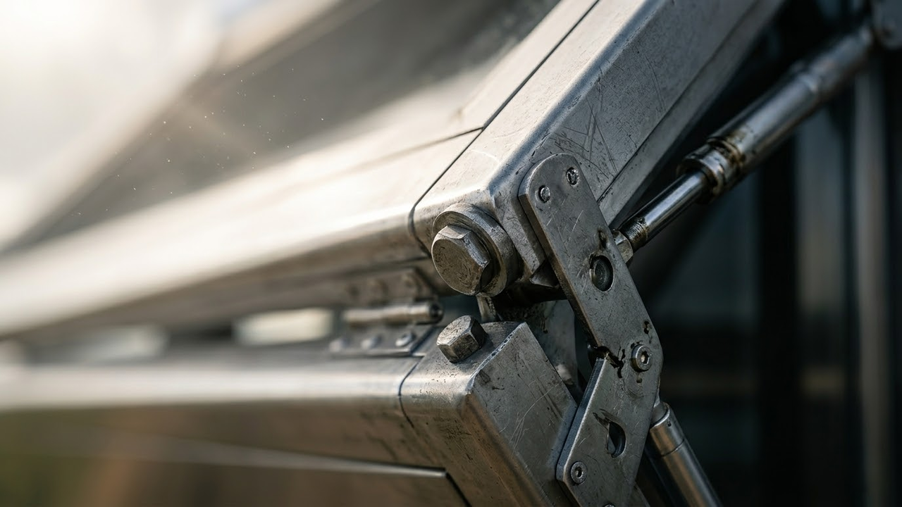 Close macro nos pistões e dobradiças de aço do sistema de desdobramento.