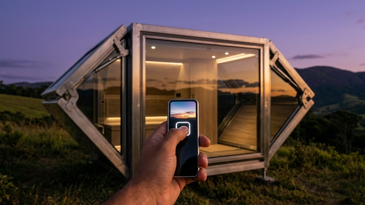 Visão do morador apertando o botão para finalizar a montagem da casa.