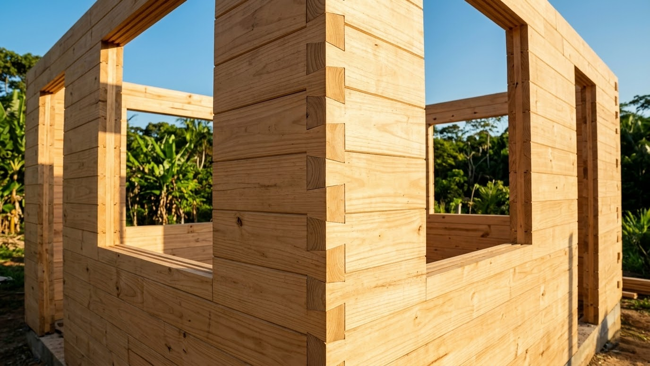 Casa de blocos de madeira se encaixando sob a luz do pôr do sol.