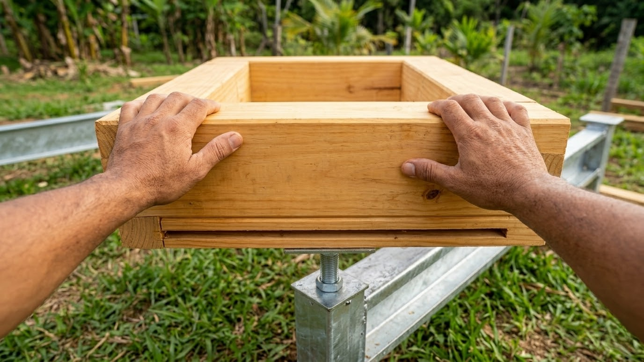 Visão do morador montando a base da casa sobre estacas metálicas.