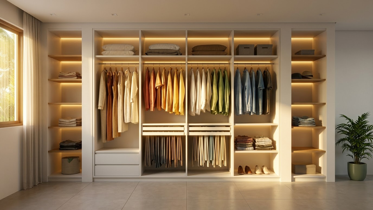 Guarda-roupa aberto e organizado sob a luz dourada do entardecer.