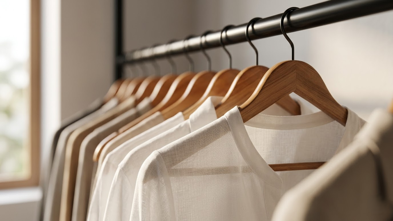 Close macro em cabides de madeira e texturas de linho.