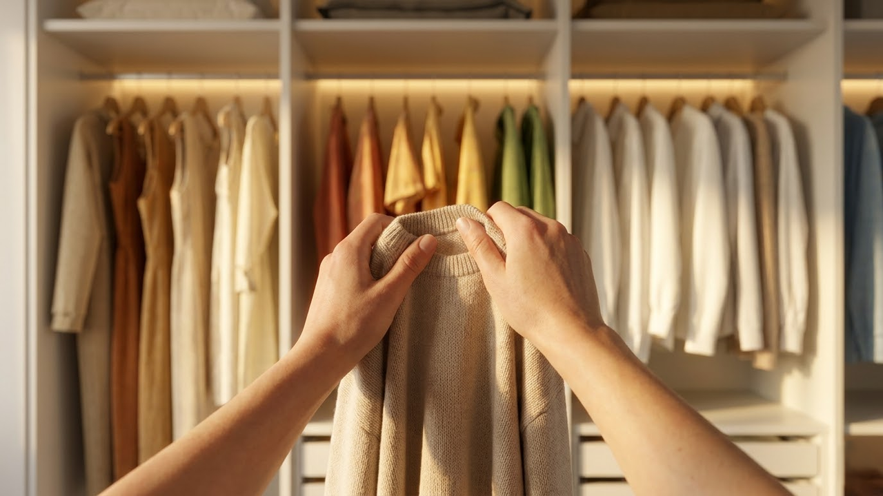 Visão do morador escolhendo roupas em um closet com degradê de cores.