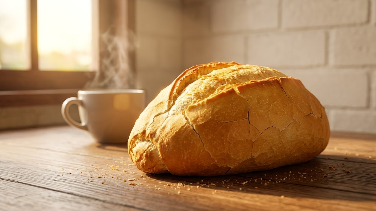 Pão francês dourado e crocante sob a luz da manhã em uma mesa rústica.