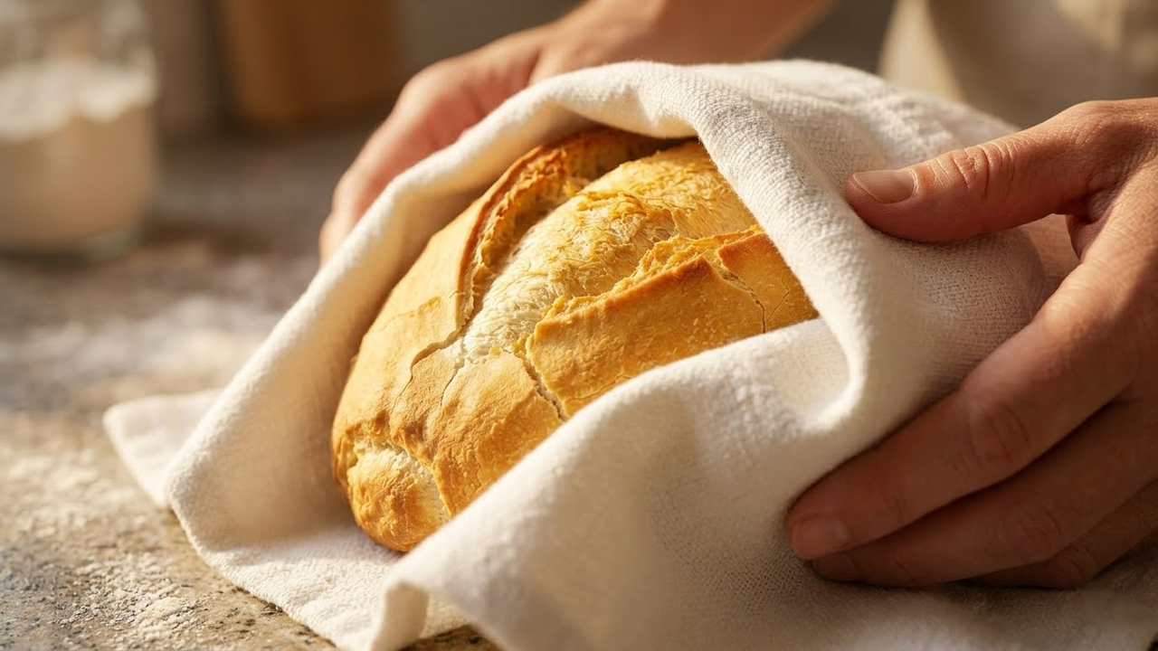 Close macro de um pão francês sendo envolvido em um pano de algodão limpo.