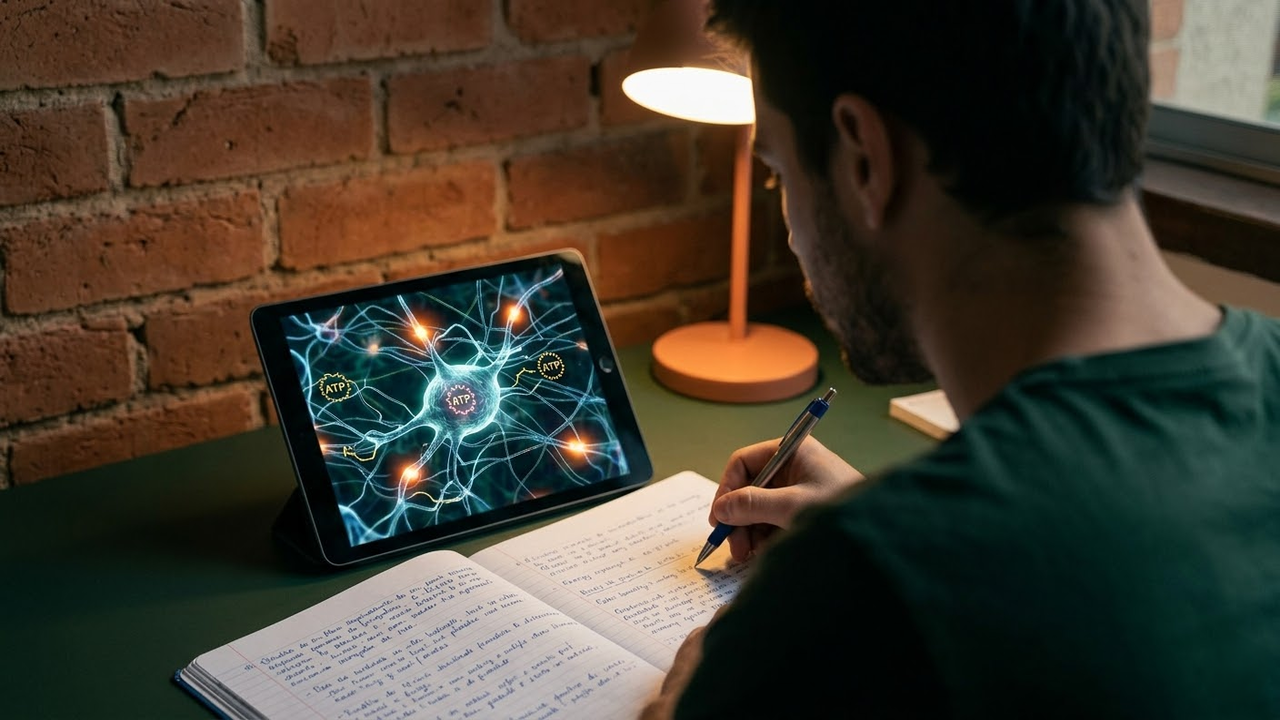 Perspectiva sobre o ombro de um estudante concentrado em seu ambiente de estudos.