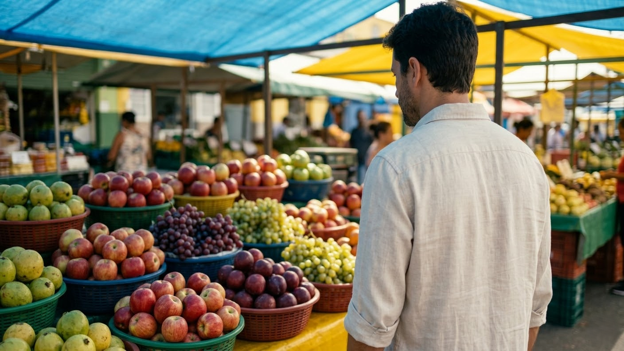Homem escolhendo frutas frescas em uma feira livre brasileira tradicional.