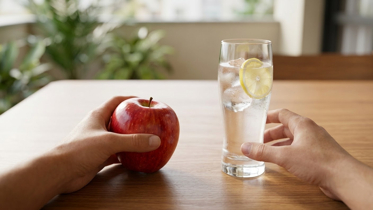 Visão em primeira pessoa segurando uma maçã ao lado de um copo d'água.