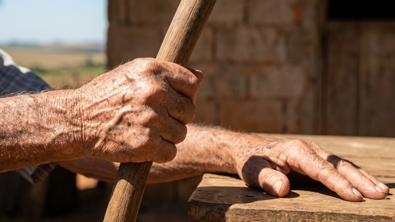 Close-up das mãos fortes de um idoso trabalhando em ambiente rural.