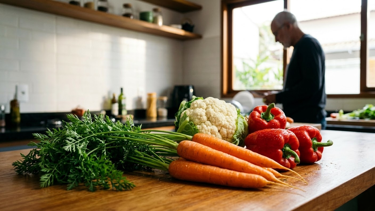 Vegetais frescos e coloridos sobre uma bancada de cozinha iluminada.