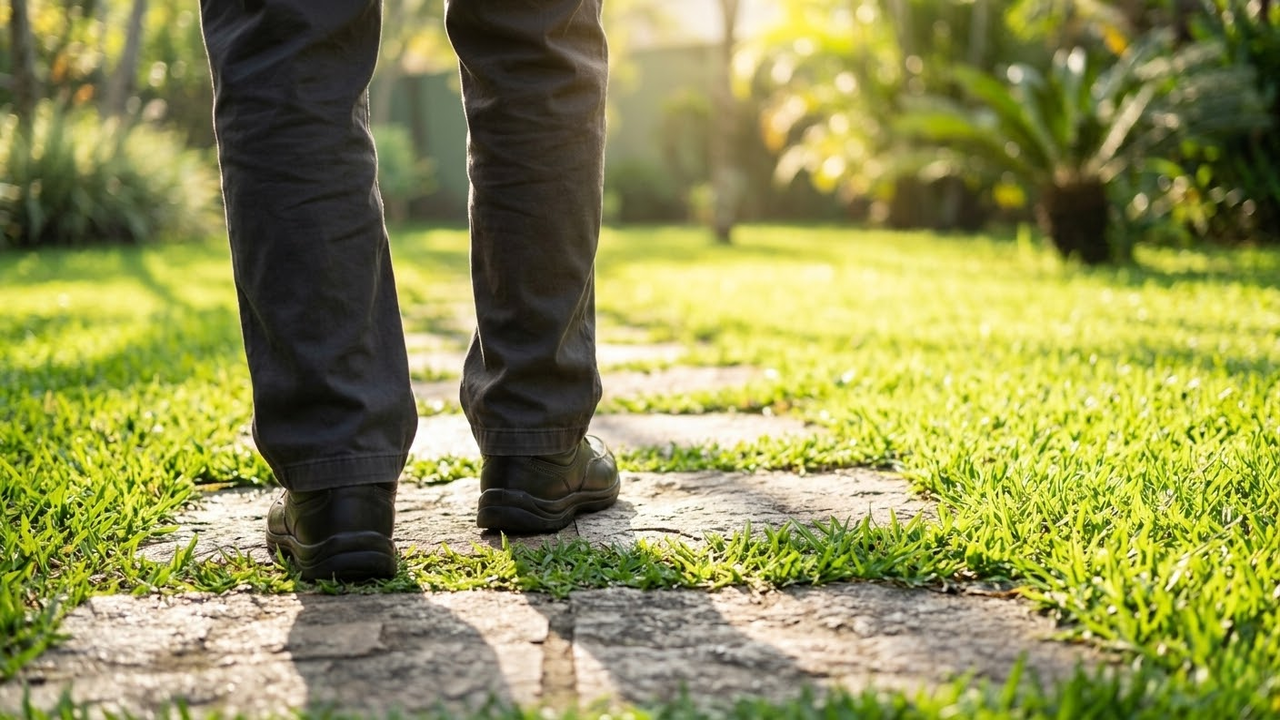 Visão em primeira pessoa de uma caminhada firme em um jardim ensolarado.