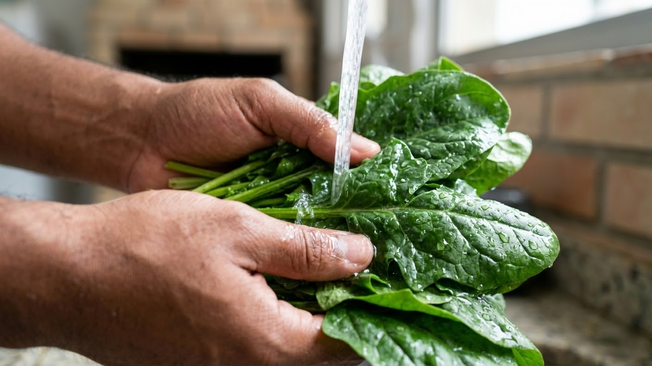 Mãos lavando folhas de espinafre sob água corrente cristalina.