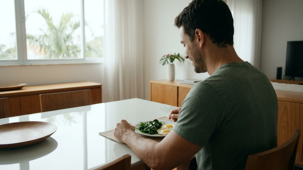 Homem atlético sentado à mesa pronto para comer sua refeição nutritiva.