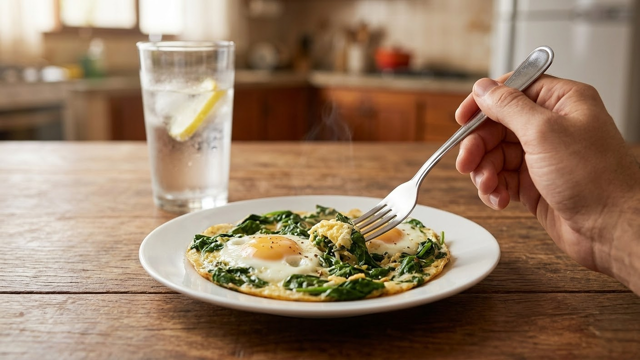 Visão em primeira pessoa segurando um garfo sobre o prato de ovos.