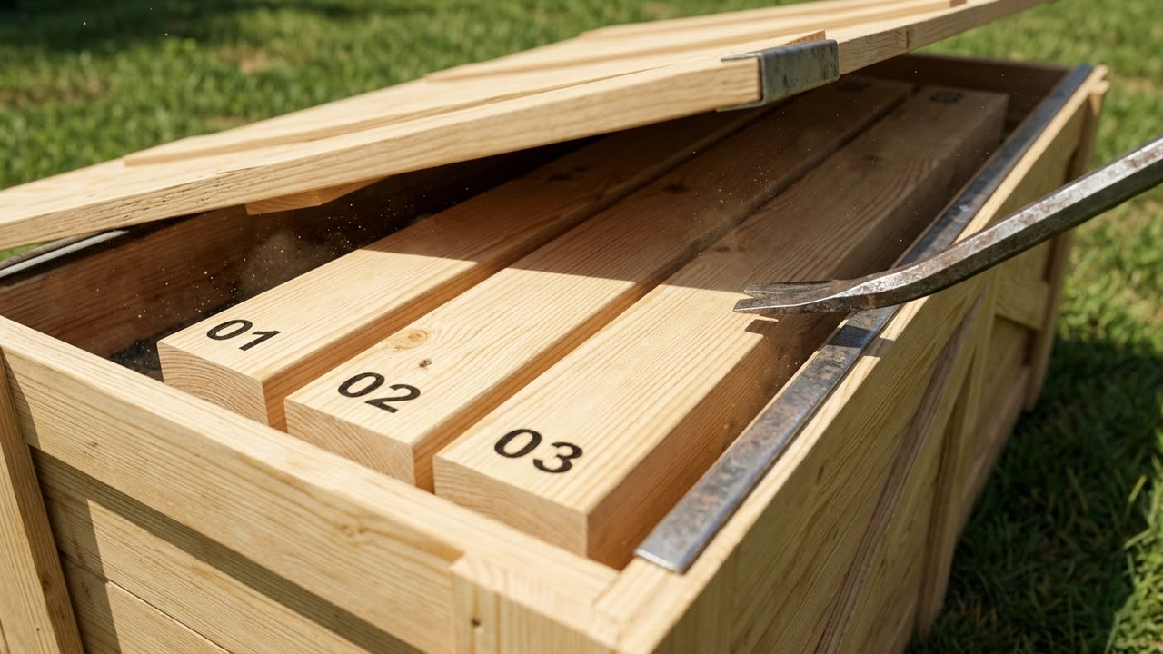 Detalhe de vigas de madeira numeradas dentro de uma caixa de entrega.
