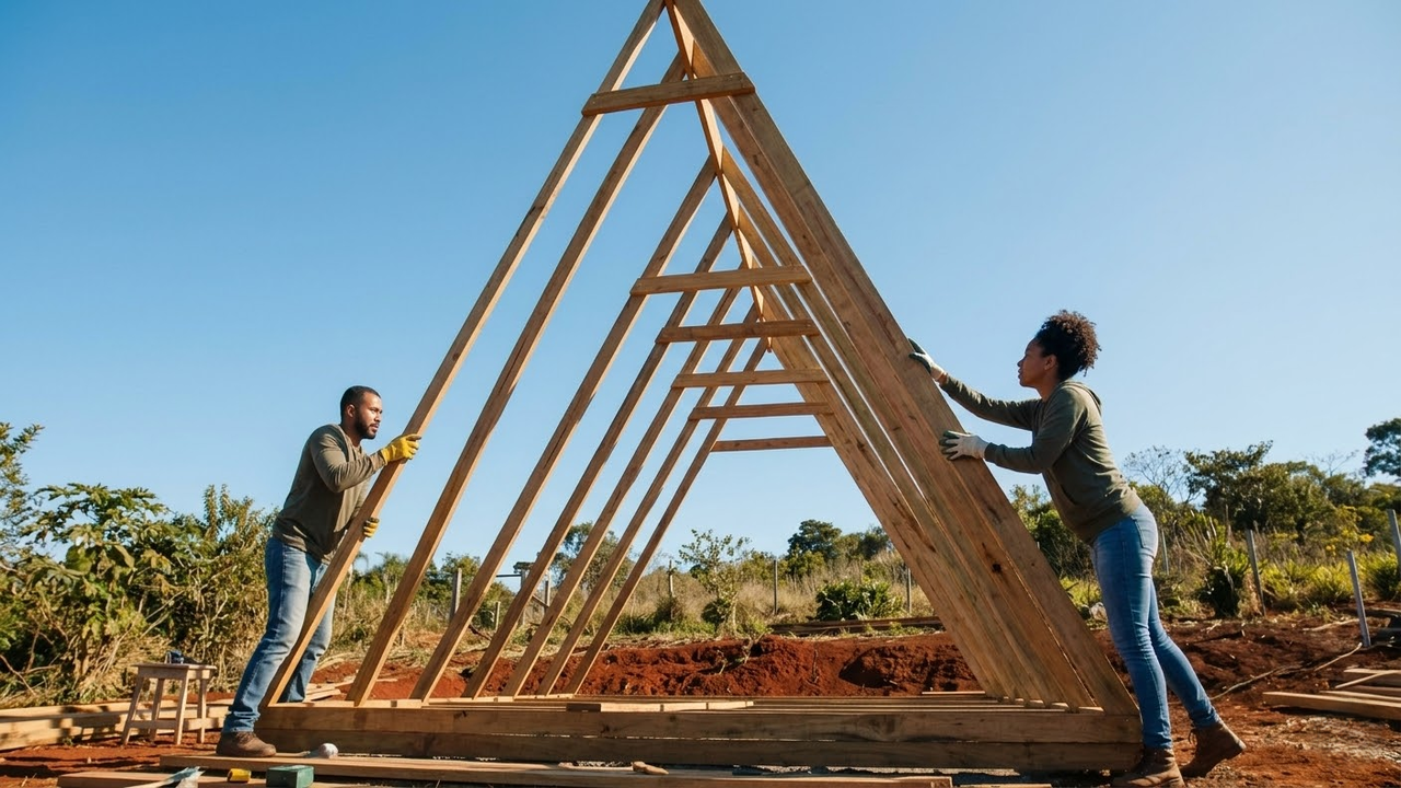 Casal trabalhando unido para erguer a estrutura triangular de madeira.