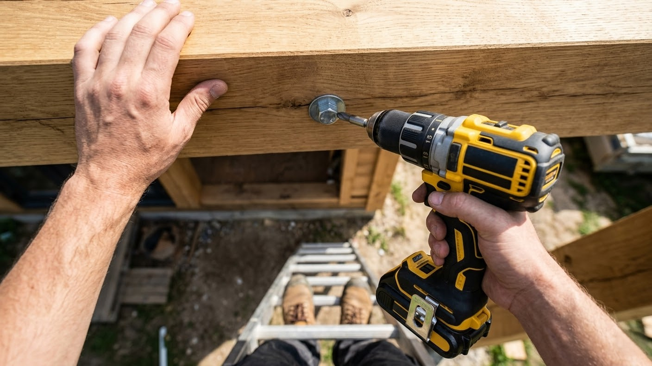 Visão em primeira pessoa operando uma parafusadeira em uma viga do telhado.