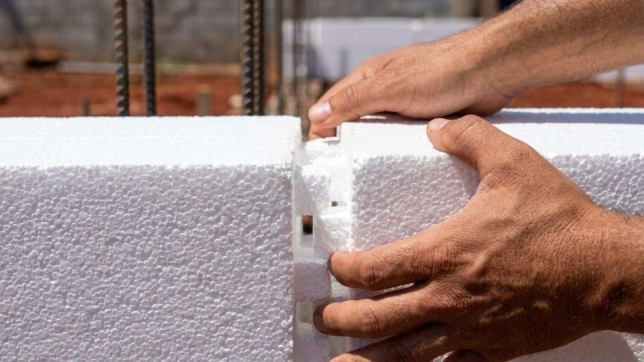 Detalhe macro de blocos de isopor se encaixando durante a montagem.