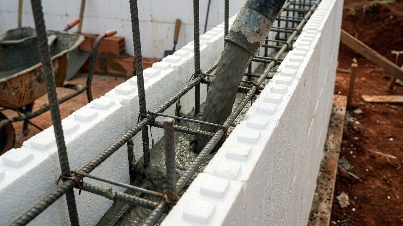 Concreto sendo despejado no interior dos blocos de isopor com reforço de aço.