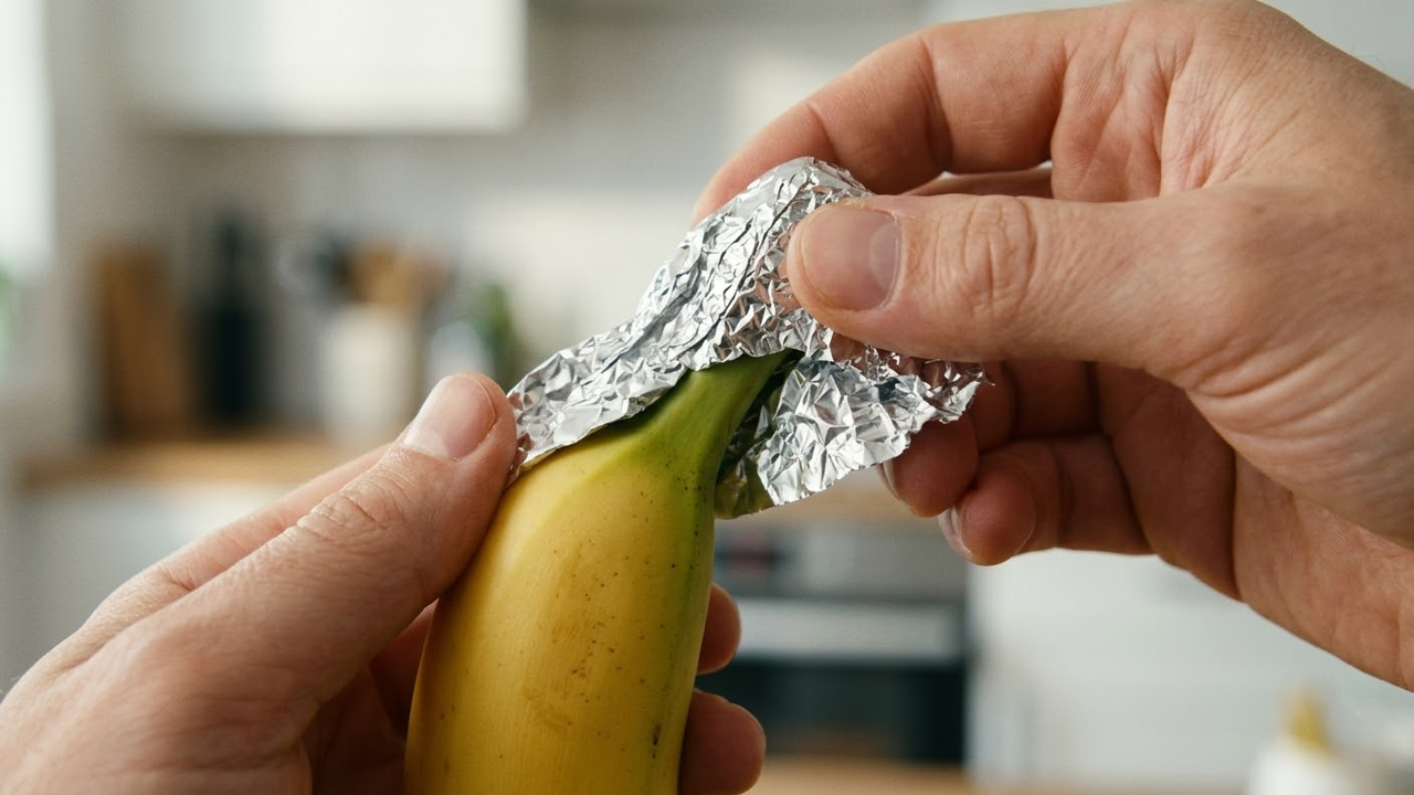 Close detalhado de mãos envolvendo o talo da banana com papel-alumínio.