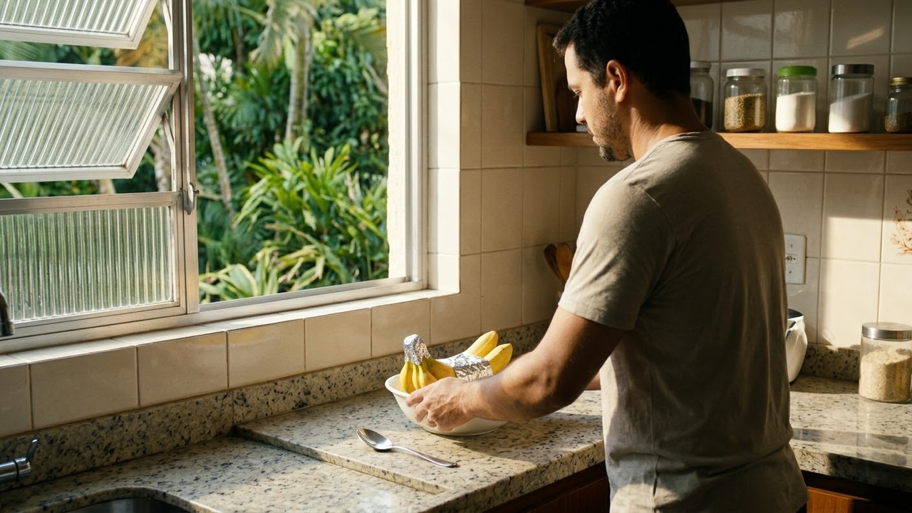Homem posicionando a fruteira em um local ventilado e iluminado da cozinha.