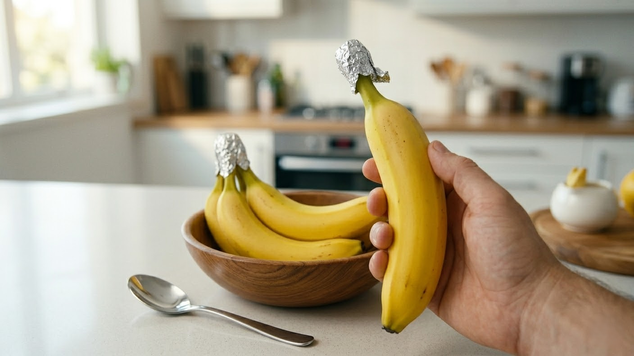 Visão em primeira pessoa de uma banana perfeitamente amarela e preservada.