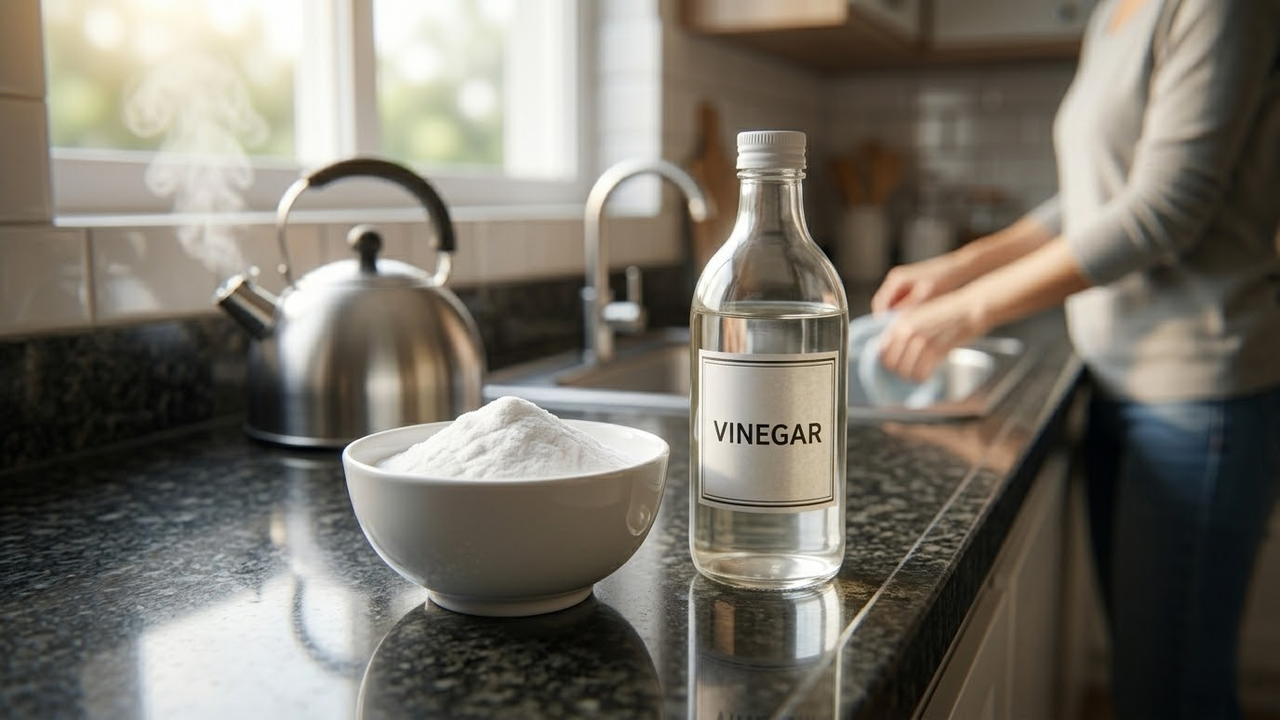Ingredientes de limpeza organizados sobre uma bancada de granito na cozinha.