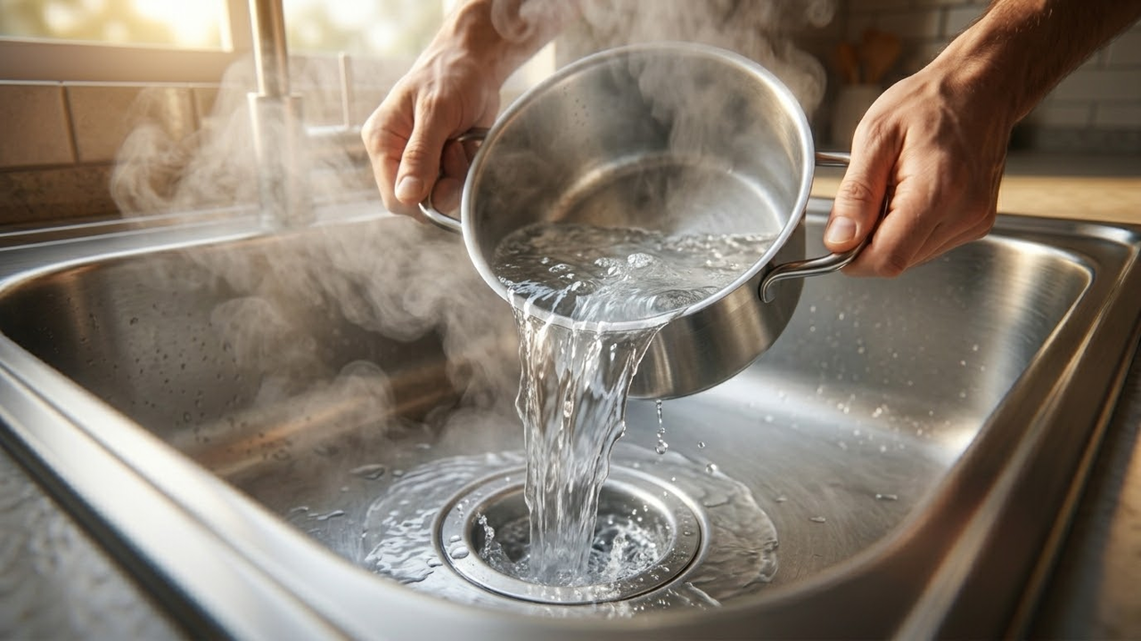 Visão em primeira pessoa despejando água fervente fumegante no ralo da pia.