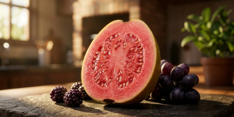 Goiaba vermelha e frutas roxas em destaque sob luz solar tropical.