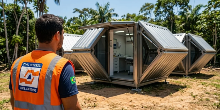 Profissional de resgate observando casas modulares usadas como base hospitalar.