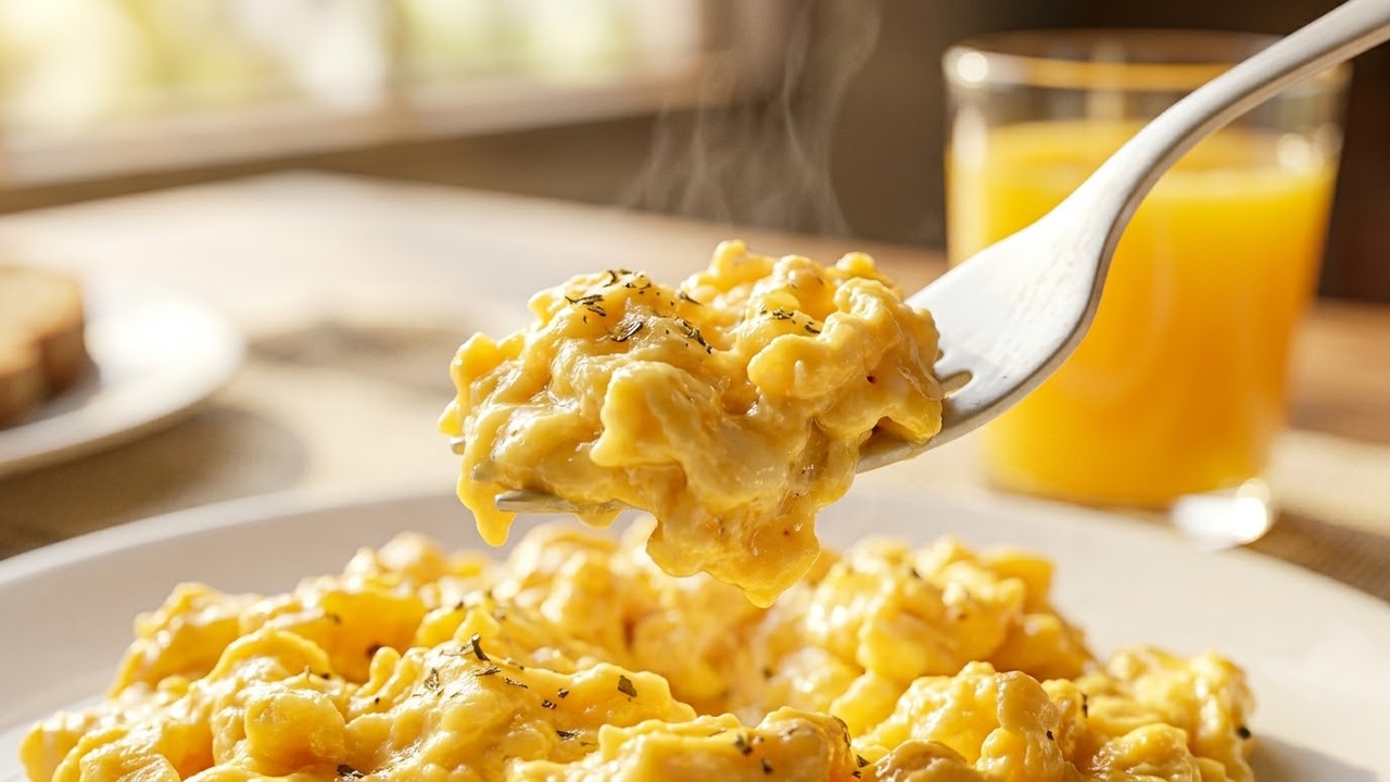 Close de garfo com ovos mexidos cremosos e ervas.