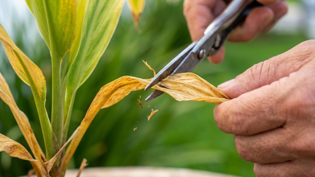 Mão podando folha seca com tesoura de jardinagem profissional.
