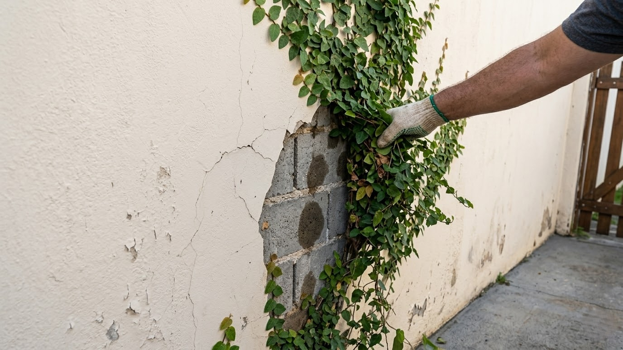 Parede de alvenaria com rachaduras escondidas atrás de hera.