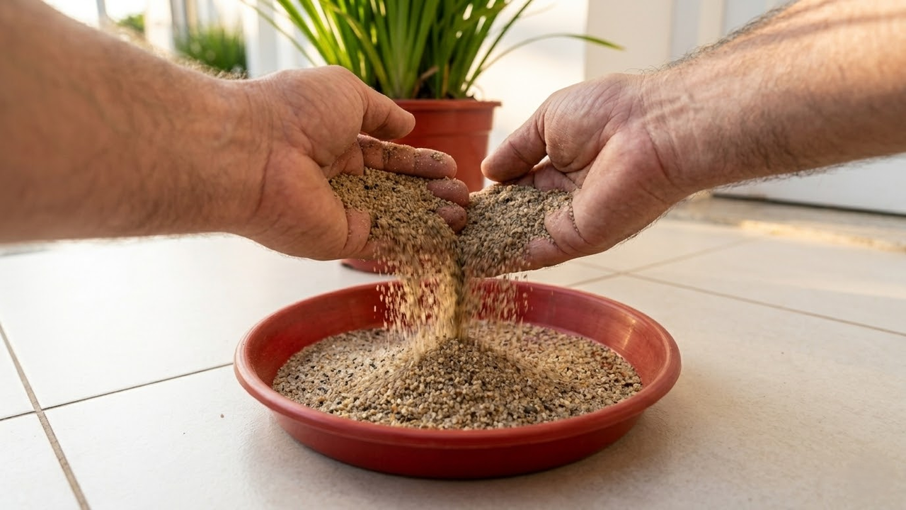 Visão subjetiva colocando areia em prato de vaso de planta.