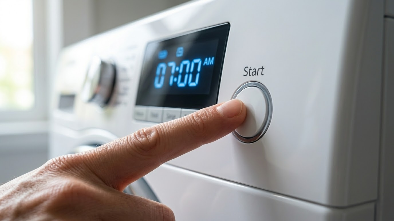 Dedo pressionando botão de início em painel digital de máquina de lavar.