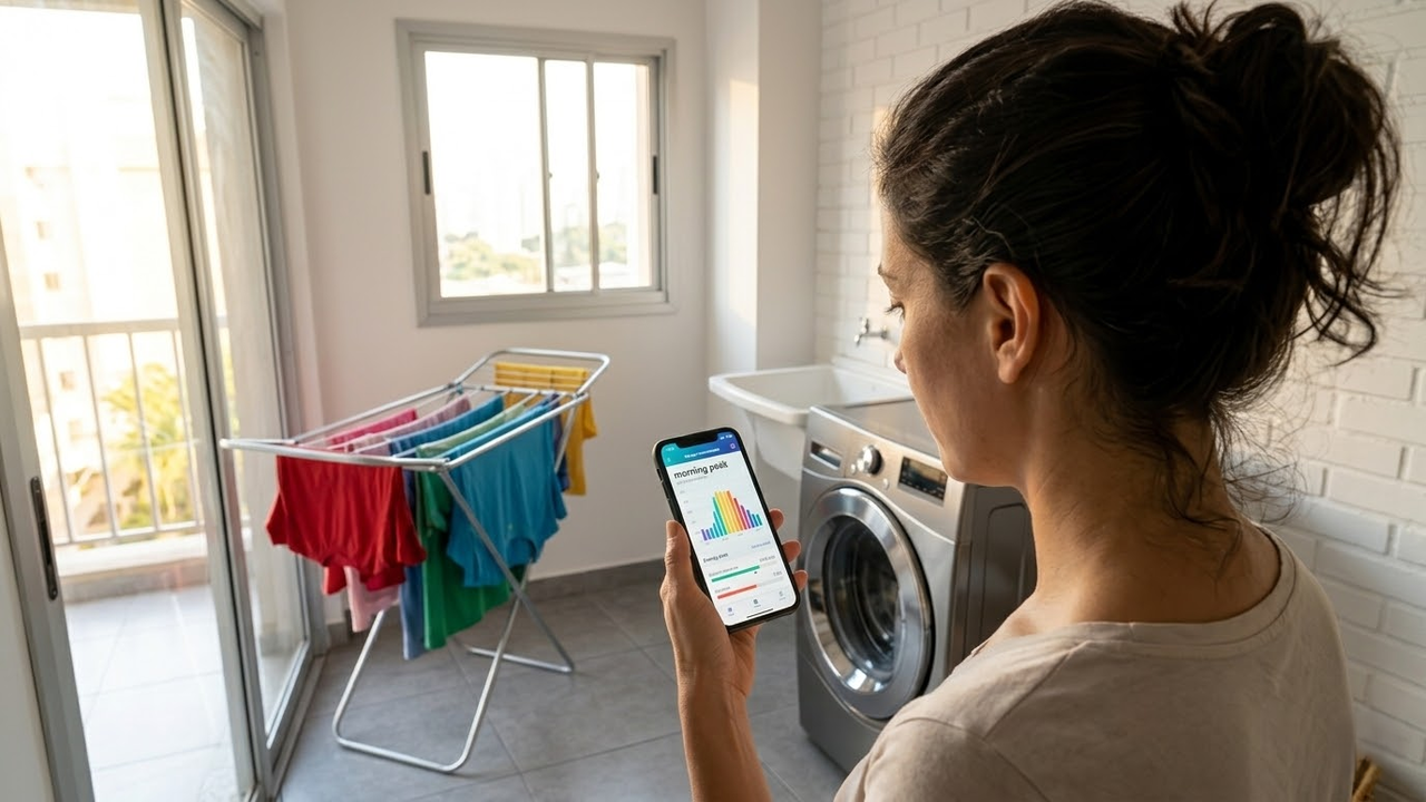 Pessoa acompanhando gráfico de consumo de energia no telemóvel na lavandaria.