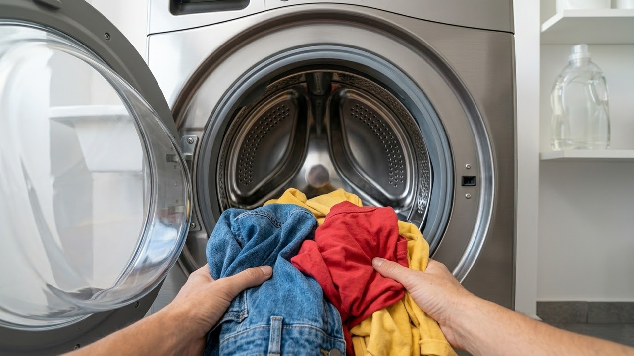 Visão subjetiva de mãos colocando uma carga cheia de roupas na máquina.