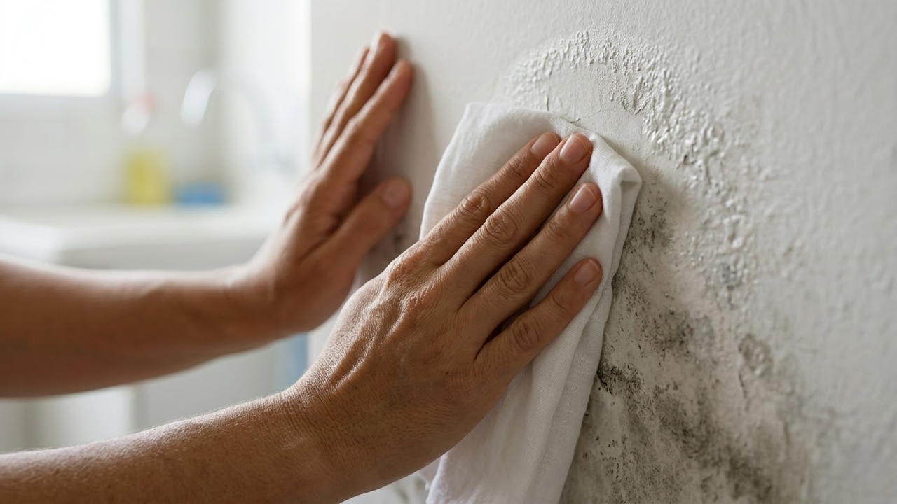 Mãos limpando parede com mofo antes de aplicar o teste.