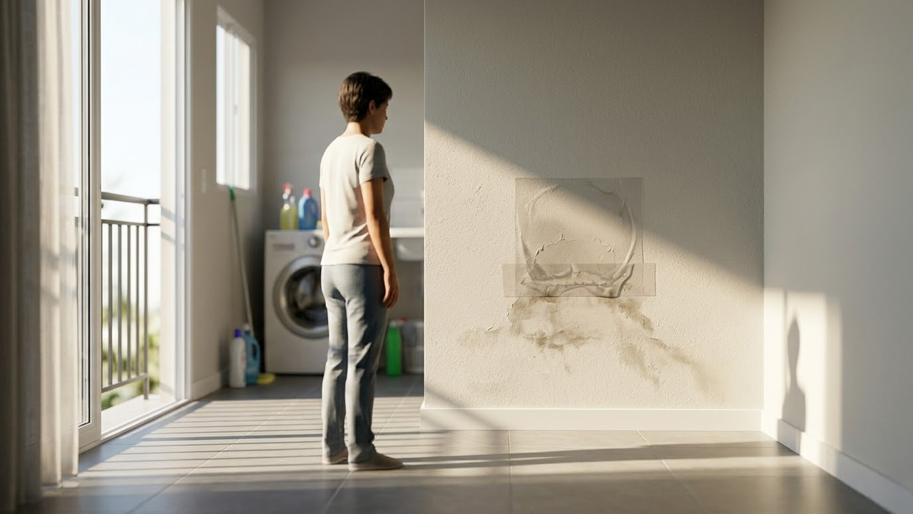 Pessoa observando o teste de fita em uma área de serviço clara.