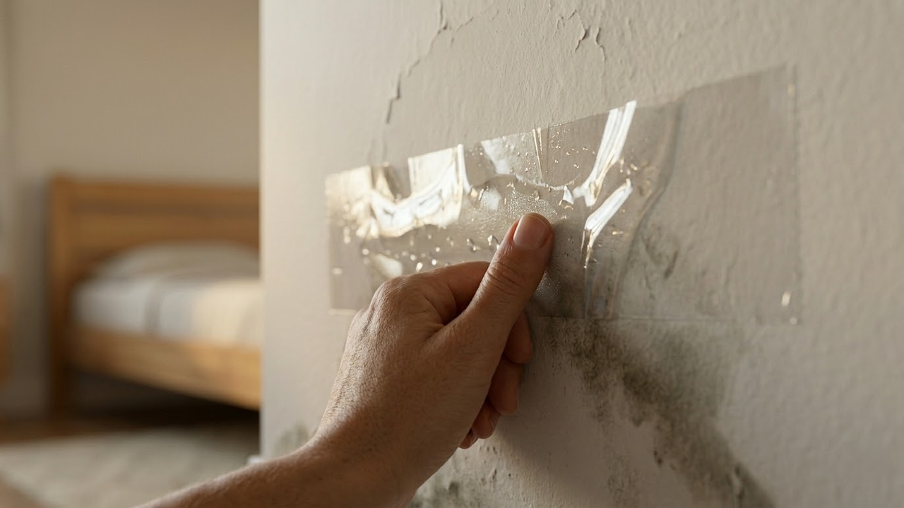 Visão em primeira pessoa colando fita sobre mancha de infiltração.