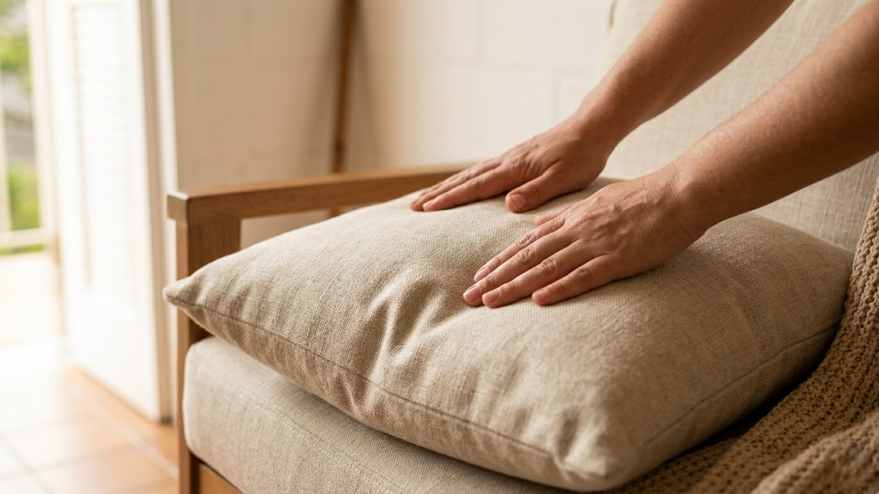 Mãos suavizando almofada de linho em ambiente ensolarado.