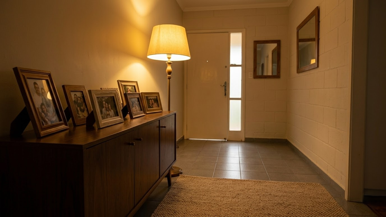 Aparador com fotos de família sob luz amarelada e quente.