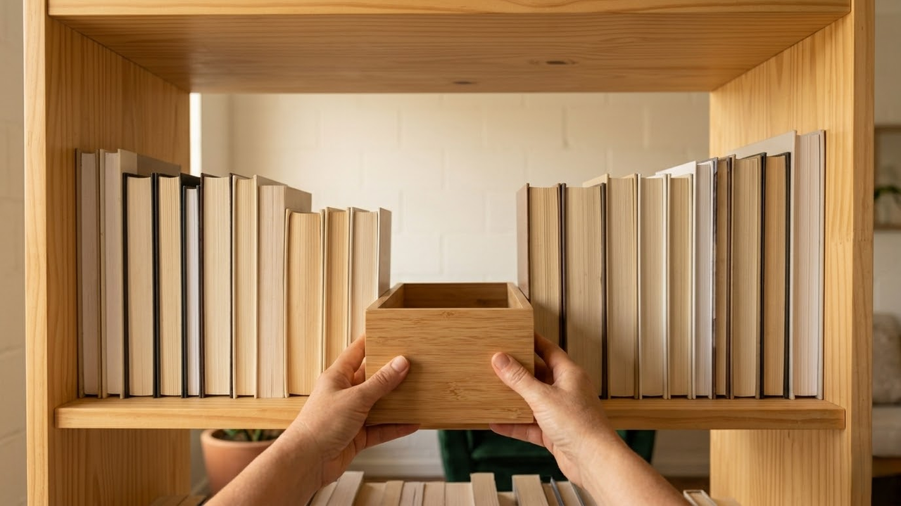 Visão subjetiva organizando prateleira de madeira com simetria.