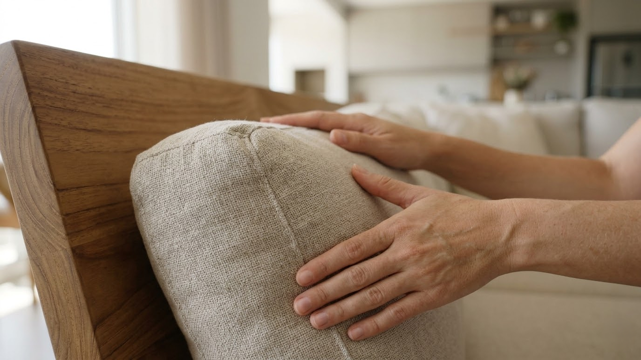Mãos sentindo a textura de almofada de linho e madeira.