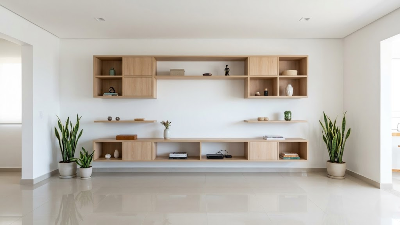 Prateleiras organizadas em sala brasileira minimalista.