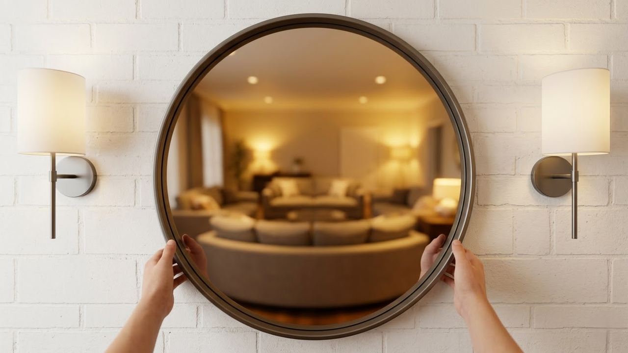 Visão em primeira pessoa alinhando espelho na parede.